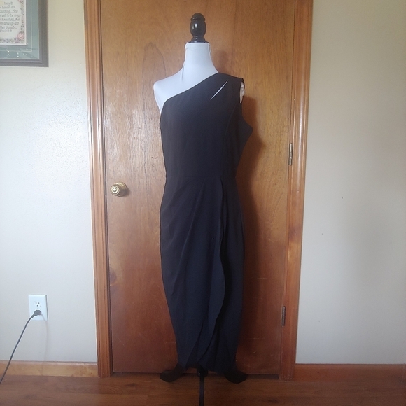 NWT Prettygarden Black One Shoulder Ruched Cocktail Formal Knee Midi Dress L - Picture 4 of 15